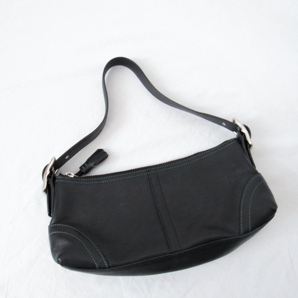 VINTAGE 90S COACH Leather Satchel Mini /Black W/ Green Stitching Chic & Sleek~ - Picture 2 of 11
